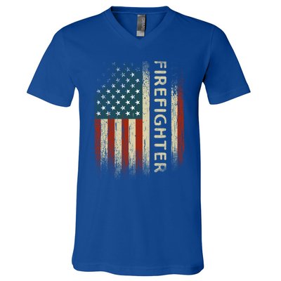 Patriotic Firefighter Funny Gift American Usa Flag Funny Fire Gift V-Neck T-Shirt