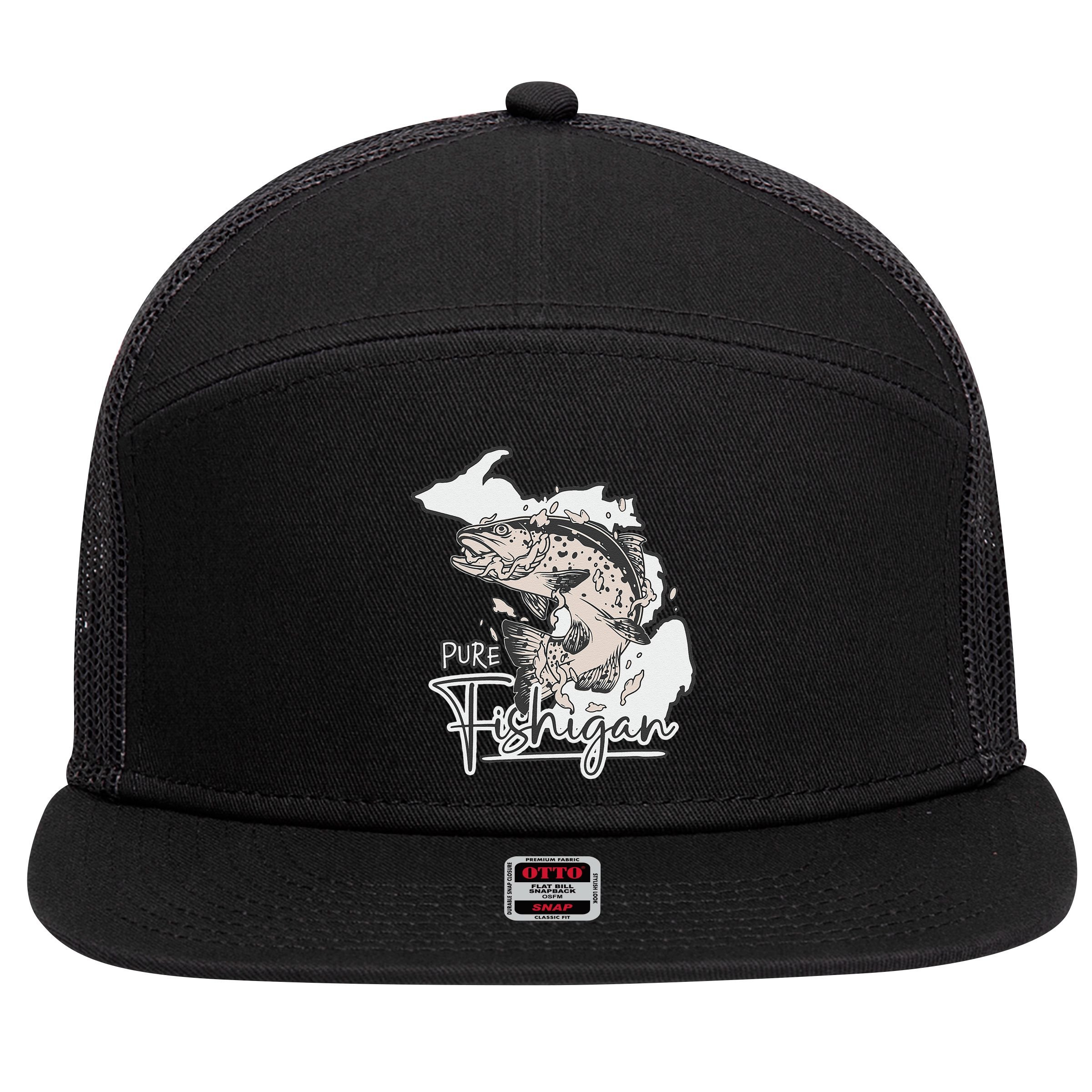 Pure Fishigan Fisherman State Of Michigan Fishing 7 Panel Mesh Trucker Snapback Hat