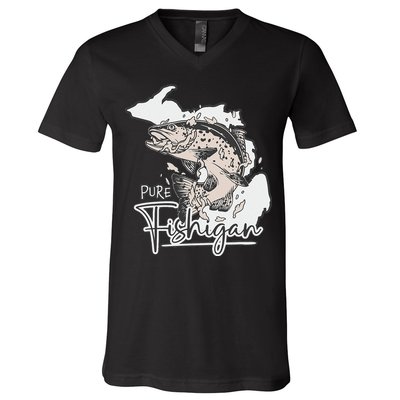 Pure Fishigan Fisherman State Of Michigan Fishing V-Neck T-Shirt