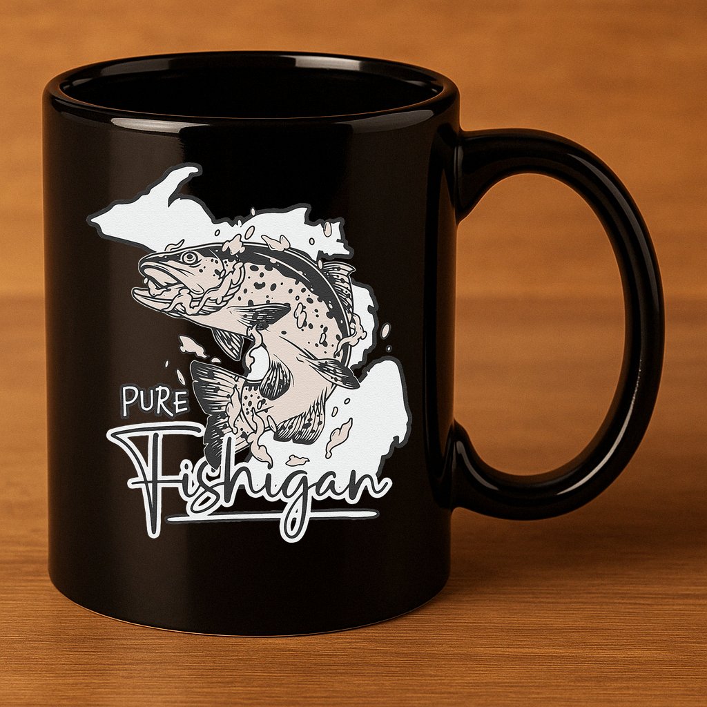 Pure Fishigan Fisherman State Of Michigan Fishing 11oz C Handle Ceramic Mug