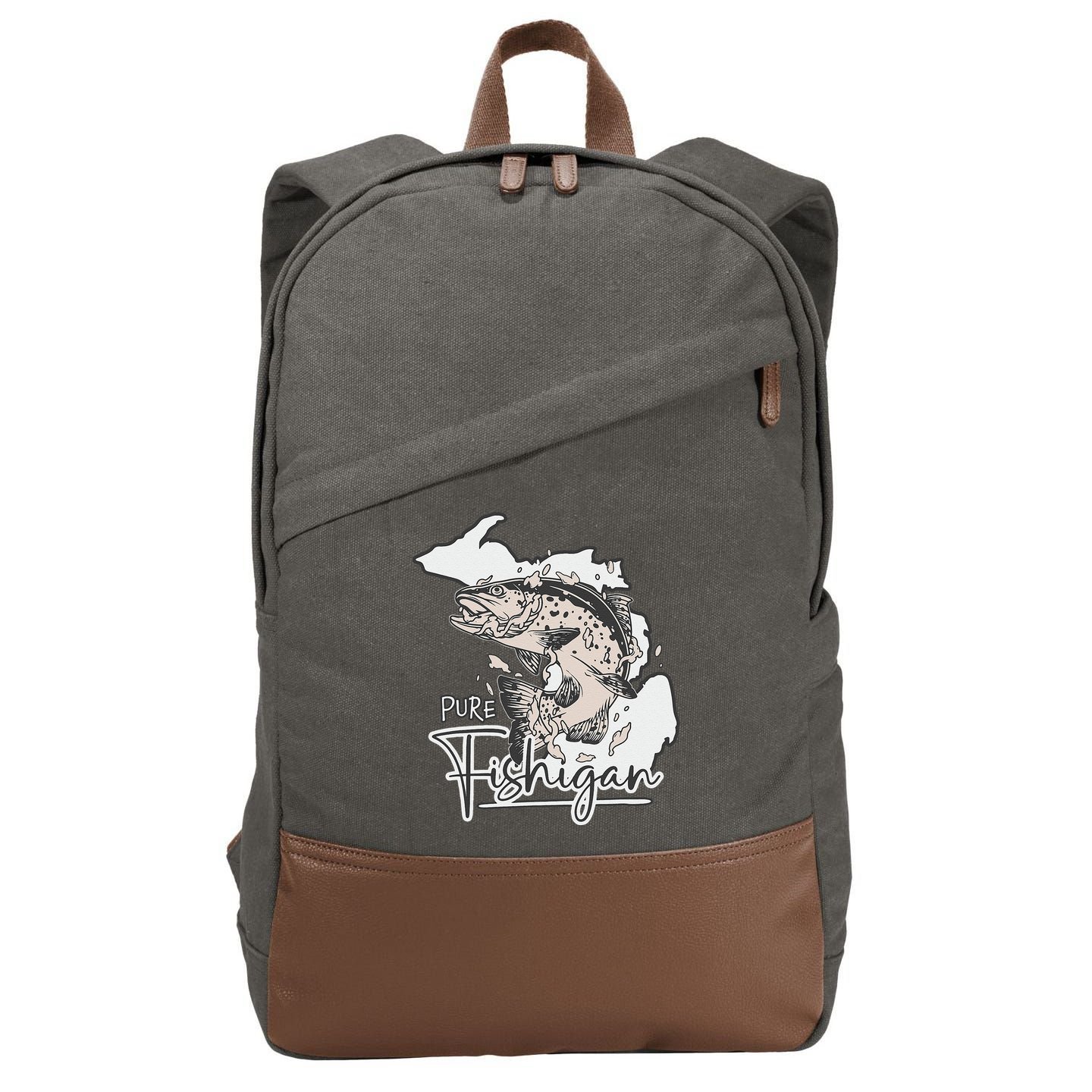 Pure Fishigan Fisherman State Of Michigan Fishing Cotton Canvas Backpack
