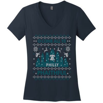 Philly Faithful Funny Philadelphia Philly Fan Ugly Christmas Women's V-Neck T-Shirt