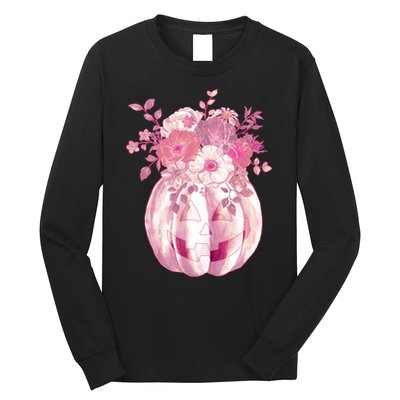 Pastel Floral Halloween Pumpkin Jackolantern Long Sleeve Shirt