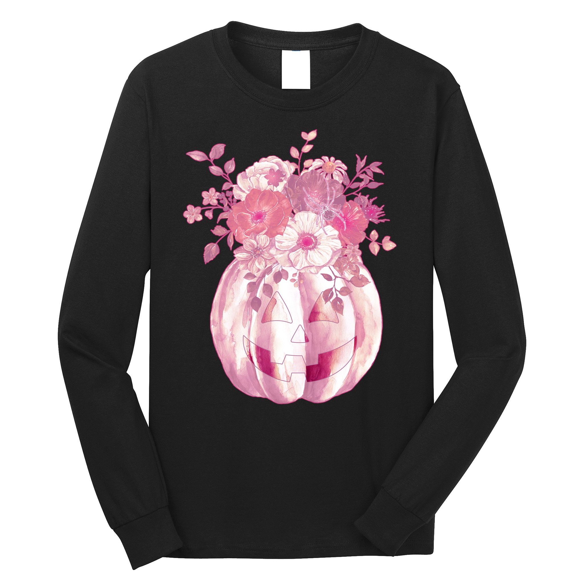 Pastel Floral Halloween Pumpkin Jackolantern Long Sleeve Shirt
