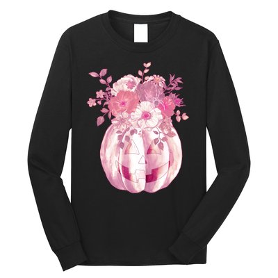 Pastel Floral Halloween Pumpkin Jackolantern Long Sleeve Shirt