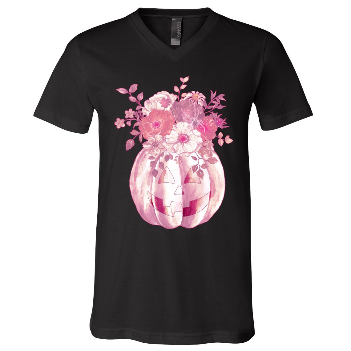 Pastel Floral Halloween Pumpkin Jackolantern V-Neck T-Shirt
