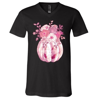 Pastel Floral Halloween Pumpkin Jackolantern V-Neck T-Shirt