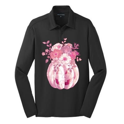 Pastel Floral Halloween Pumpkin Jackolantern Silk Touch Performance Long Sleeve Polo