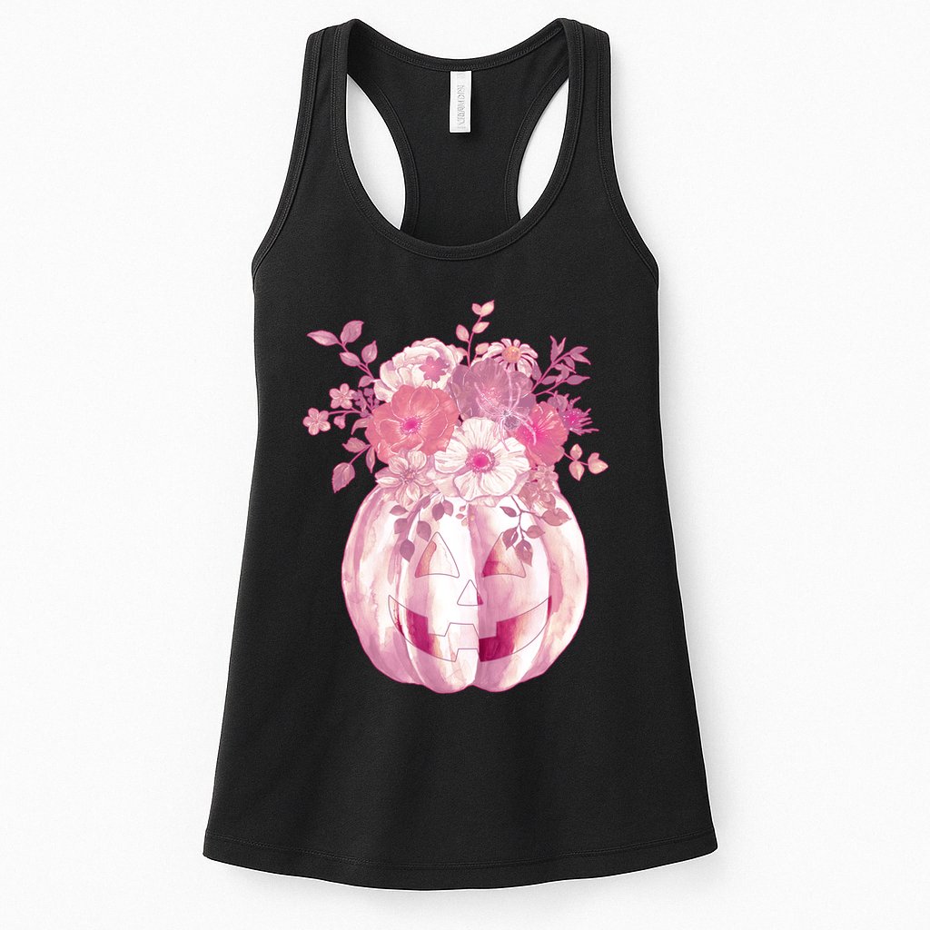 Pastel Floral Halloween Pumpkin Jackolantern Womens Tank Top