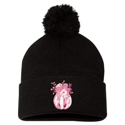Pastel Floral Halloween Pumpkin Jackolantern Pom Pom 12in Knit Beanie