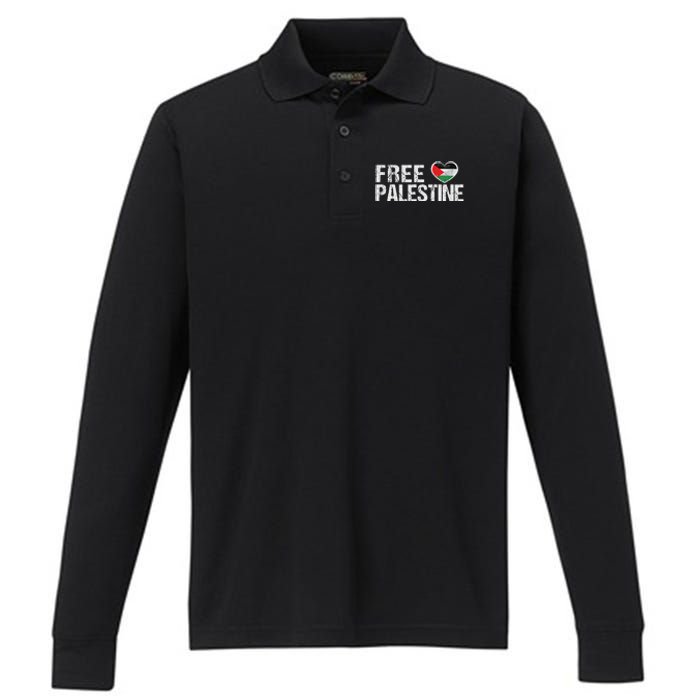 Palestine Flag Heart Free Palestine Performance Long Sleeve Polo