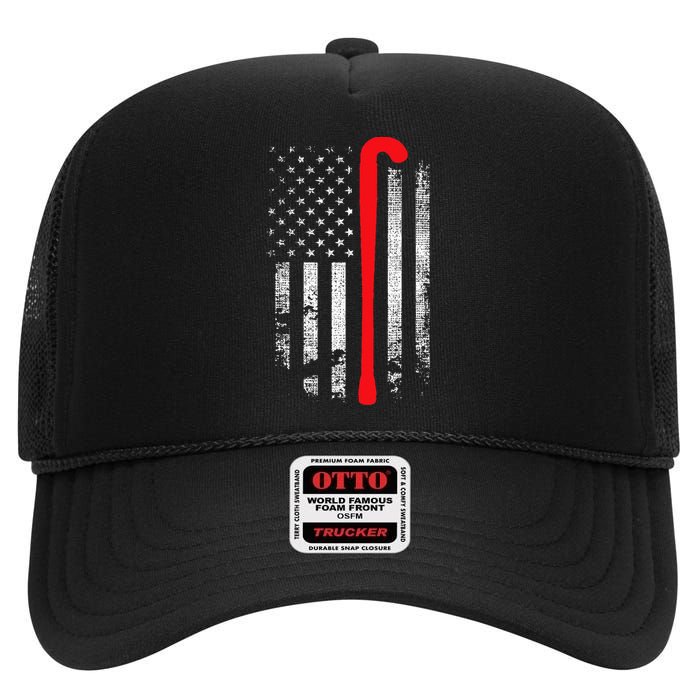 Patriotic Field Hockey Player Hockey Fan USA Flag High Crown Mesh Back Trucker Hat