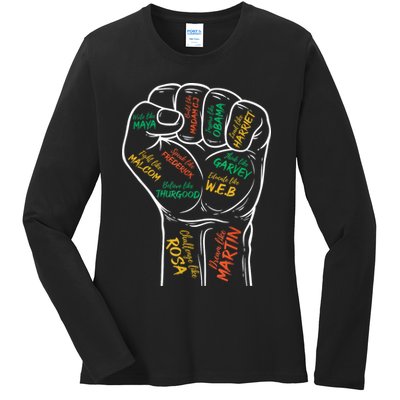 Power Fist Hand Inspiring Black Leaders Black History Ladies Long Sleeve Shirt