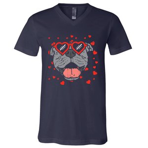 Pitbull Face Heart Glasses Valentines Day Pet Dog Lover V-Neck T-Shirt