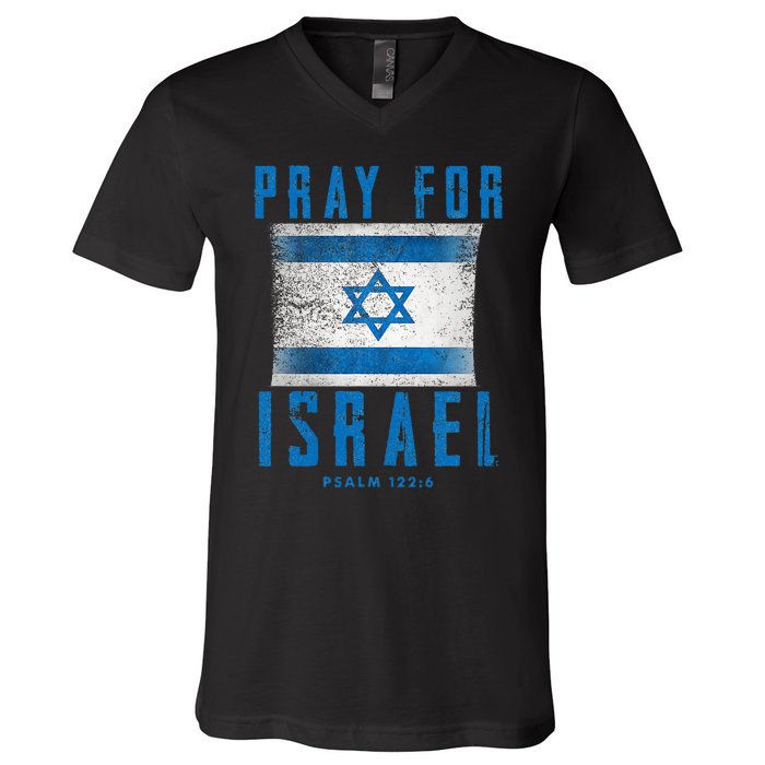 Pray for Israel Psalm 122 6 Israel Flag V-Neck T-Shirt