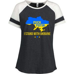 Puck Futin I Stand With Ukraine Support Flag Enza Ladies Jersey Colorblock Tee