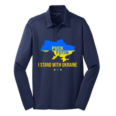 Puck Futin I Stand With Ukraine Support Flag Silk Touch Performance Long Sleeve Polo