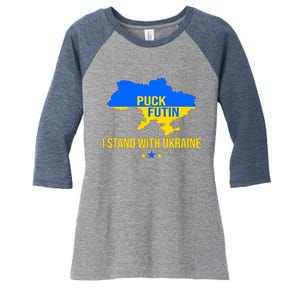 Puck Futin I Stand With Ukraine Support Flag Women's Tri-Blend 3/4-Sleeve Raglan Shirt