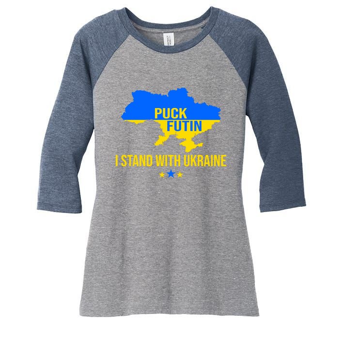 Puck Futin I Stand With Ukraine Support Flag Women's Tri-Blend 3/4-Sleeve Raglan Shirt