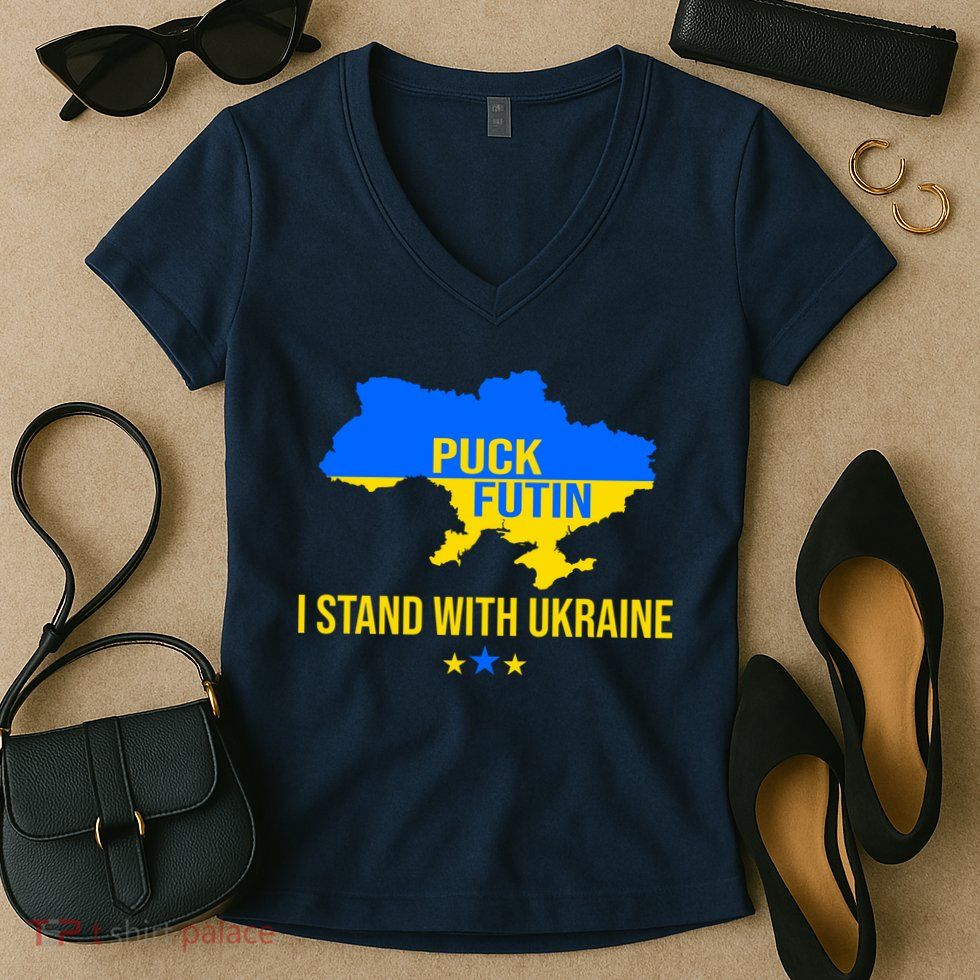 Puck Futin I Stand With Ukraine Support Flag Women's V-Neck T-Shirt
