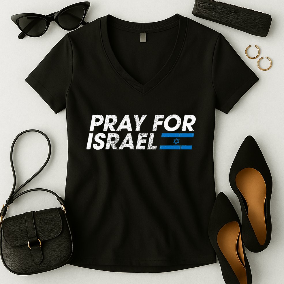 Pray for Israel Psalm 122 6 Israel Flag Christian Inspiring Women's V-Neck T-Shirt