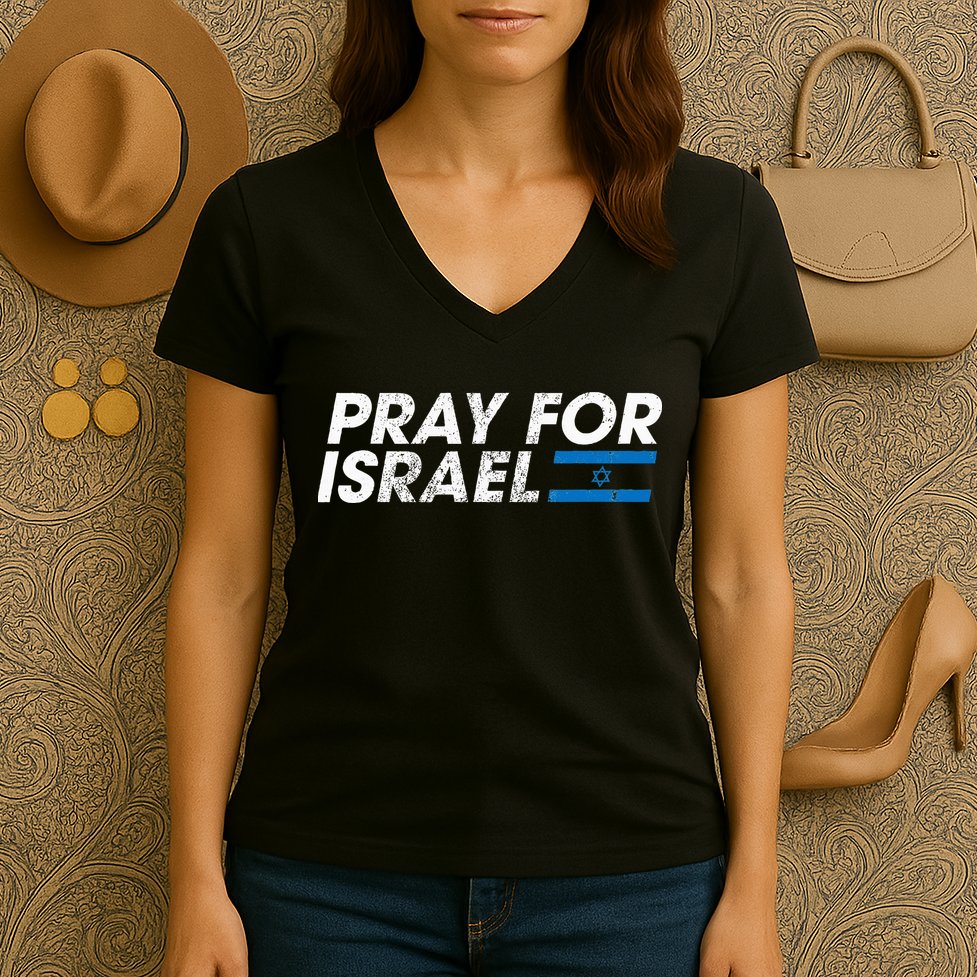 Pray for Israel Psalm 122 6 Israel Flag Christian Inspiring Women's V-Neck T-Shirt