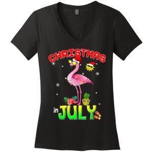 Pink Flamingo In Santa Hat Christmas In July Women's V-Neck T-Shirt