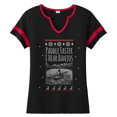 Paddle Faster I Hear Banjos Ugly Canoeing Christmas Sweater Gift Ladies Halftime Notch Neck Tee