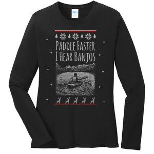 Paddle Faster I Hear Banjos Ugly Canoeing Christmas Sweater Gift Ladies Long Sleeve Shirt