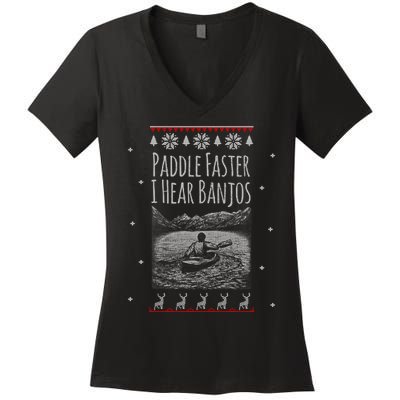 Paddle Faster I Hear Banjos Ugly Canoeing Christmas Sweater Gift Women's V-Neck T-Shirt