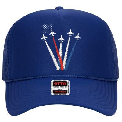 Patriotic Fighter Jet 4th Of July Usa Flag High Crown Mesh Back Trucker Hat