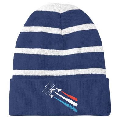 Patriotic Fighter Jet 4th Of July Striped Beanie with Solid Band