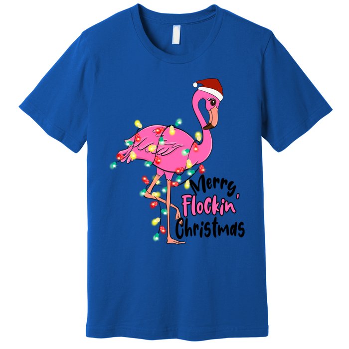 Pink Flamingo Merry Flocking Christmas Tree Lights Cute Gift Premium T-Shirt