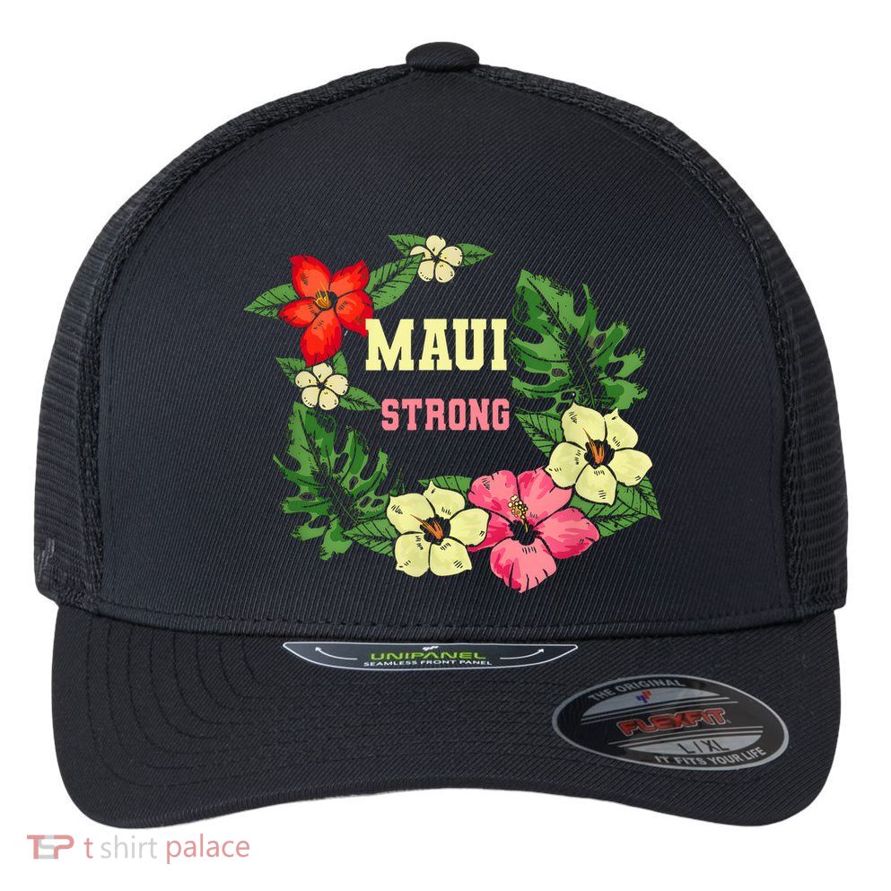 Pray For Maui Hawaii Strong Lahaina Hawaiian Floral Flexfit Unipanel Trucker Cap