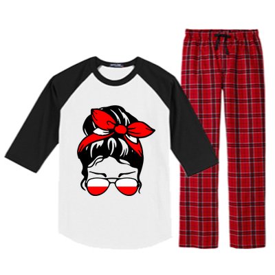 Polish Flag Messy Bun Patriotic Polska Poland Gift Raglan Sleeve Pajama Set