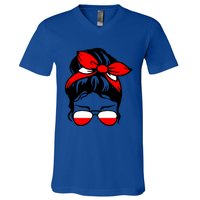 Polish Flag Messy Bun Patriotic Polska Poland Gift V-Neck T-Shirt