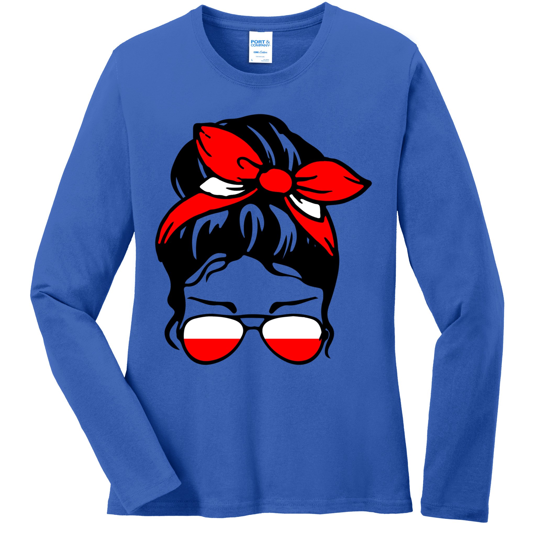 Polish Flag Messy Bun Patriotic Polska Poland Gift Ladies Long Sleeve Shirt