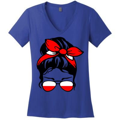 Polish Flag Messy Bun Patriotic Polska Poland Gift Women's V-Neck T-Shirt