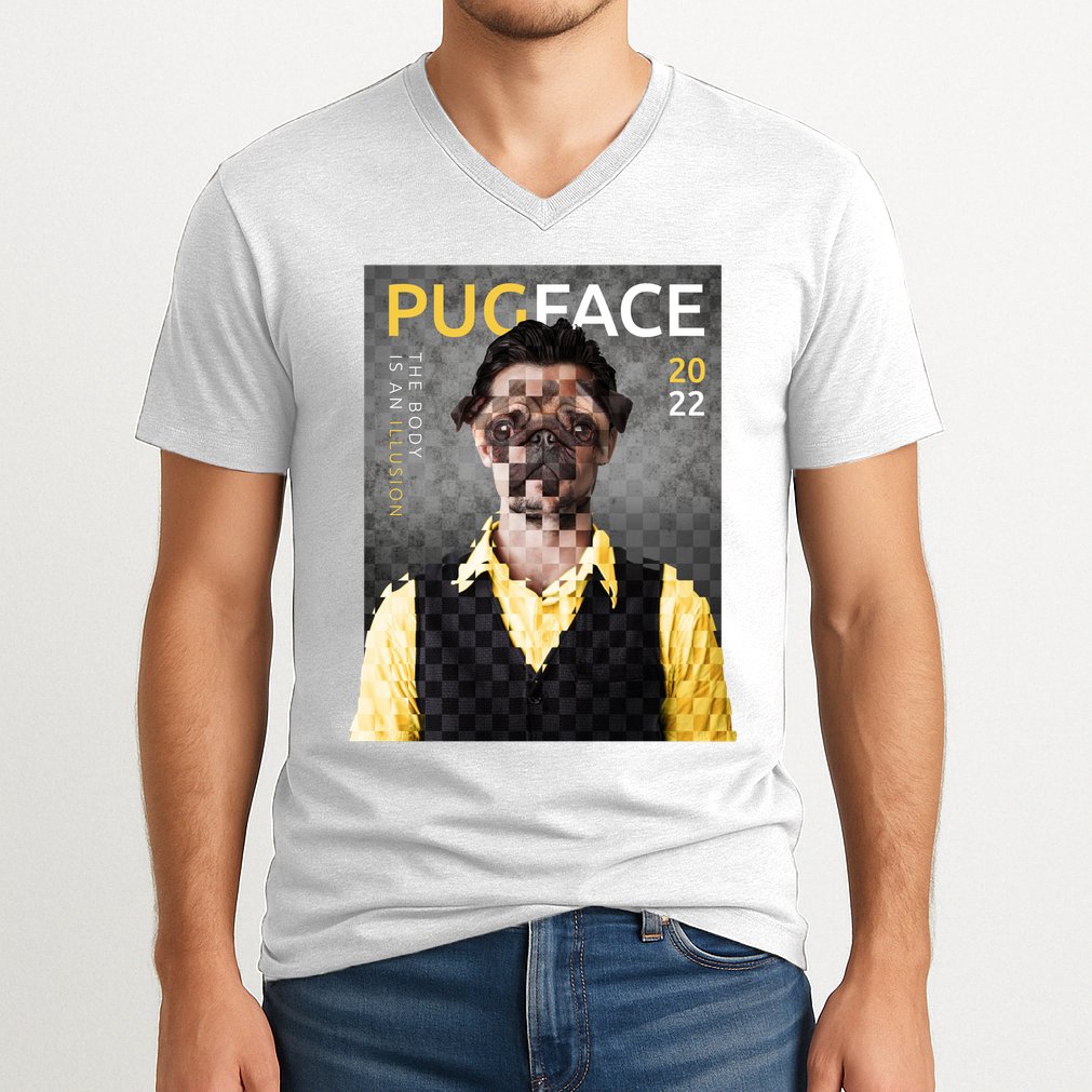 Pug Face Man Magazine Pixelated V-Neck T-Shirt