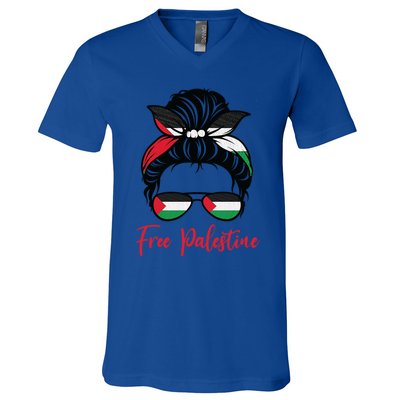 Palestine Flag Messy Bun Gift Free Palestine Cute Gift V-Neck T-Shirt