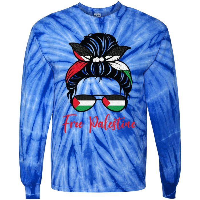 Palestine Flag Messy Bun Gift Free Palestine Cute Gift Tie-Dye Long Sleeve Shirt