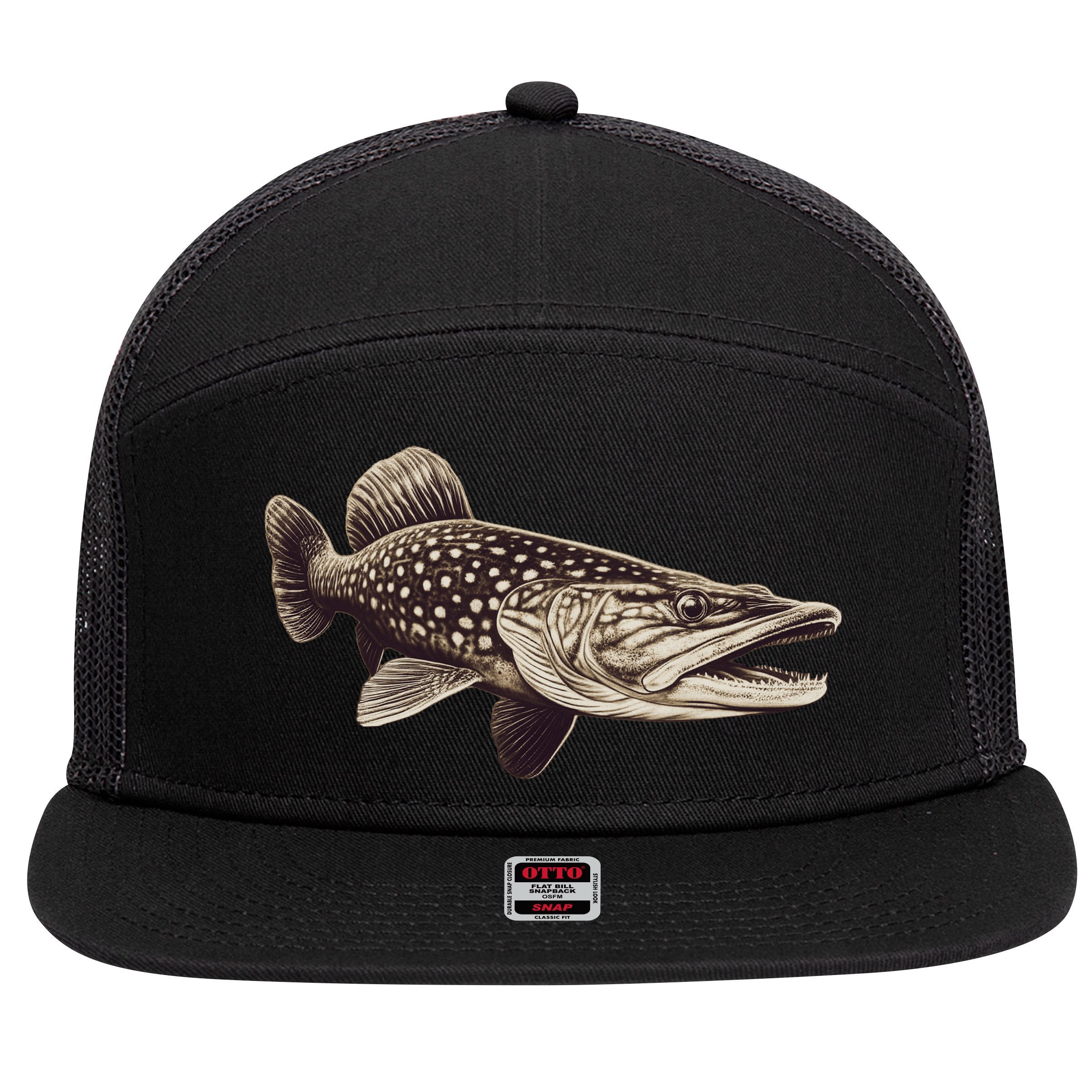 Pike Fish Monchrome 7 Panel Mesh Trucker Snapback Hat