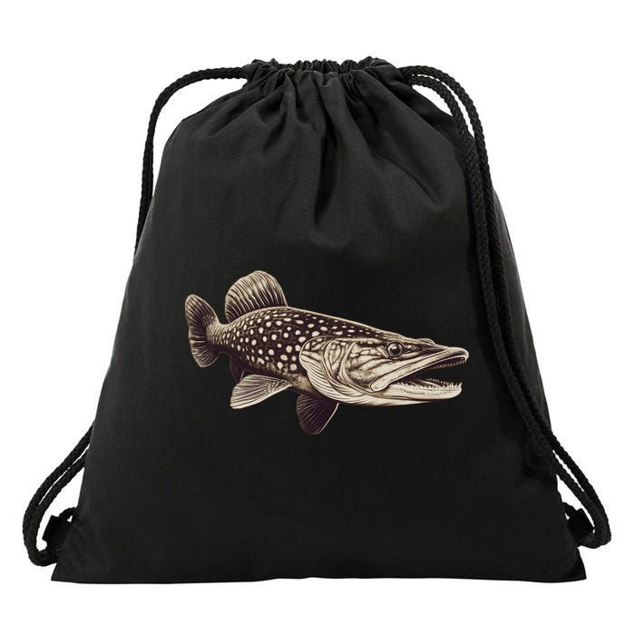 Pike Fish Monchrome Drawstring Bag