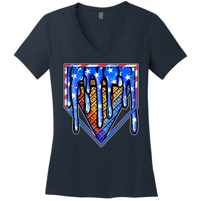 Patriotic Flag Melting Ice Cream Cone Women's V-Neck T-Shirt