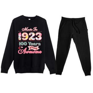 Pink Floral Made In 1923 100 Years Of Being Awesome Birthday Premium Crewneck Sweatsuit Set