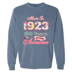 Pink Floral Made In 1923 100 Years Of Being Awesome Birthday Garment-Dyed Sweatshirt