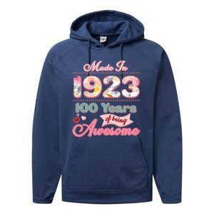 Pink Floral Made In 1923 100 Years Of Being Awesome Birthday Performance Fleece Hoodie