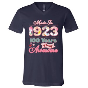 Pink Floral Made In 1923 100 Years Of Being Awesome Birthday V-Neck T-Shirt