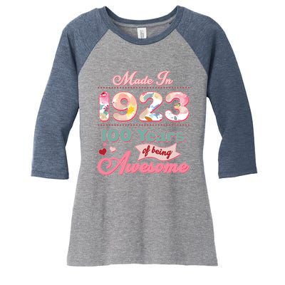 Pink Floral Made In 1923 100 Years Of Being Awesome Birthday Women's Tri-Blend 3/4-Sleeve Raglan Shirt