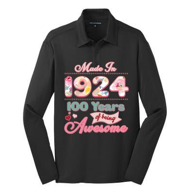 Pink Floral Made In 1924 100 Years Of Being Awesome Birthday Silk Touch Performance Long Sleeve Polo